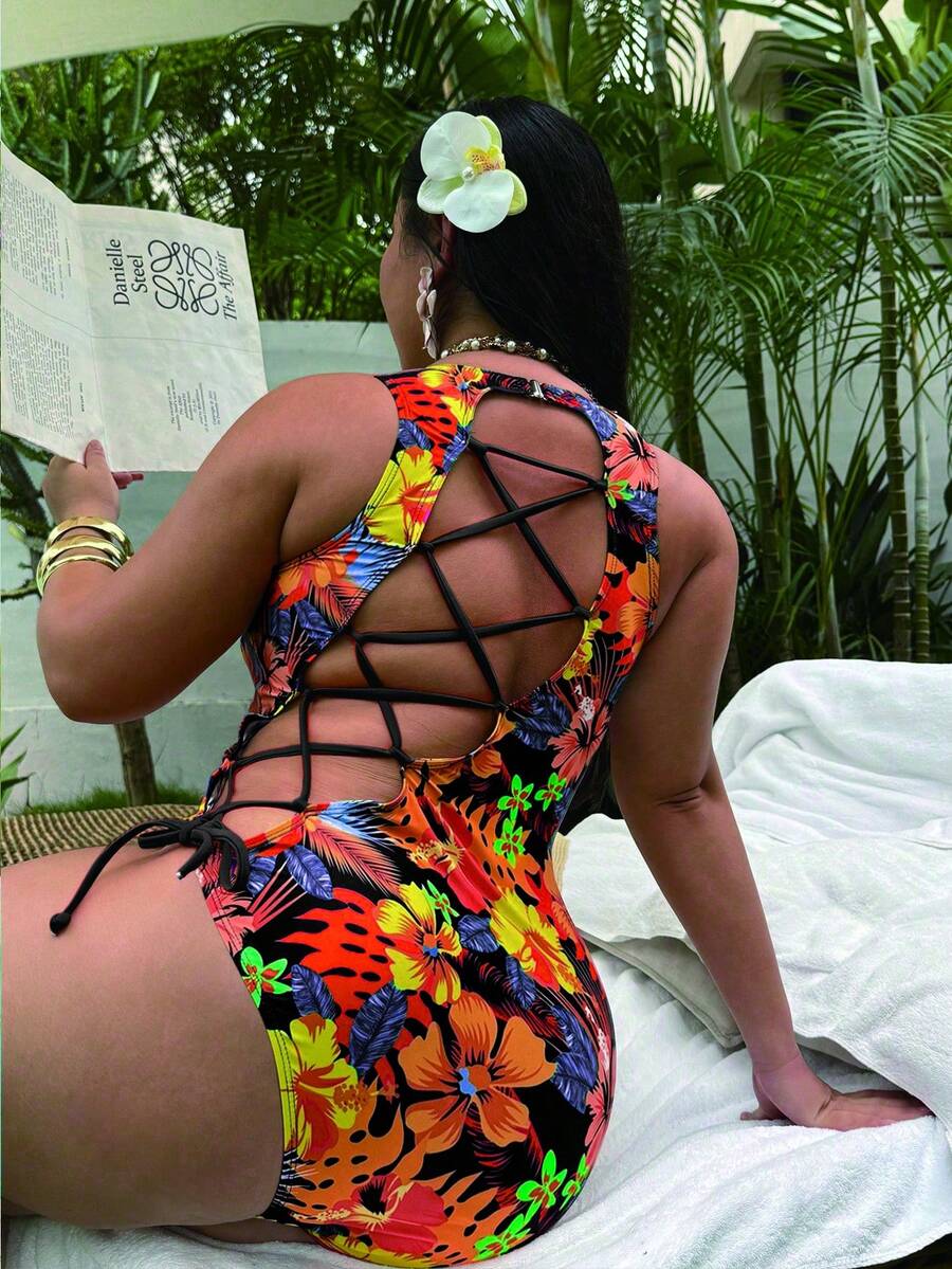 Swim SXY Áo tắm liền thân cỡ lớn dành cho nữ, họa tiết nhiệt đới, thích hợp cho kỳ nghỉ biển. - Nhiều màu - Xem 1