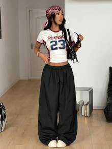 Coolane 女士休闲日常通勤简约纯黑色弹力腰侧口袋宽松阔腿裤 - 黑色 - 查看 5