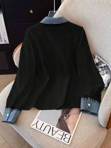 GlowEve 女士休闲拼接牛仔衬衫，秋冬款 - 黑色 - 查看 2