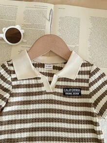 LMoss Kids Baby Boy Striped Print Letter Patched Detail Polo Shirt & Shorts - Multicolor - View 4