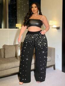 SHEIN CURVE+ 大码性感珍珠装饰休闲百搭修身裤 - 黑色 - 查看 5