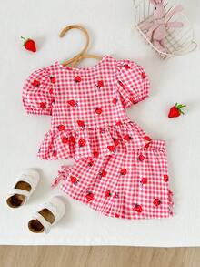 Cozy Pixies 2pcs Baby Girl Strawberry Pattern Round Neck Puff Sleeve Cardigan Shirt And Elastic Waist Pants Set Toddler Checkered Outfit Cotton Clothing For Baby Girls Strawberry Toddler Outfit Baby Girl Cotton Outfit Baby Girl Checkered Outfit - Multicolor - View 5