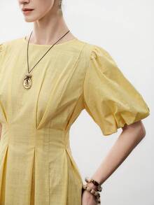 Aalyst Women's Elegant Minimalist Romantic Vacation Linen A-Line Ruffle Design Long Sleeve Midi Dress, Light Yellow, Suitable For Spring/Summer, Occasions Like New Year, Valentine's Day, Easter, Mother's Day, Middle Eastern Weddings - Light Yellow - View 4