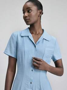 Ontre 2026春夏新款石板蓝长袖收腰喇叭下摆娃娃领连衣裙，适合现代都市派对、返校季、都市简约休闲日常穿着、波西米亚风、度假、节日、情人节狂欢、女士沙滩装、优雅派对、女士正式场合礼服 - 淺藍色 - 查看 6