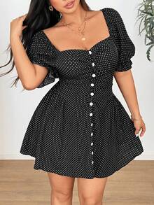 Vionelle Plus Size Women's Polka Dot Print Sweetheart Neck Puff Sleeve Button Design Fashionable Dress - Black - View 1