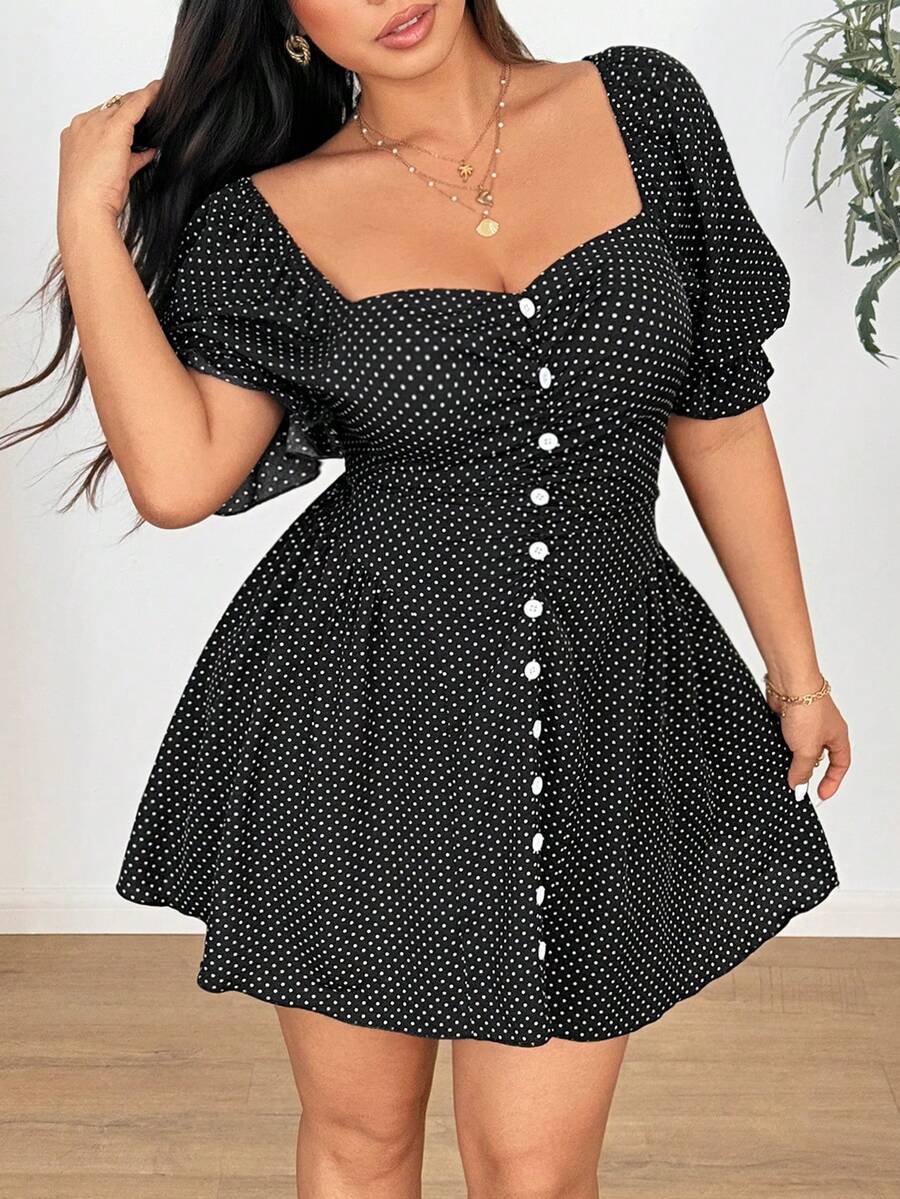 Vionelle Plus Size Women's Polka Dot Print Sweetheart Neck Puff Sleeve Button Design Fashionable Dress - Black - View 1