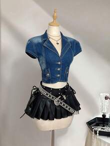 Elamini 女士休闲水洗平领单排扣牛仔夹克，夏季 - 中等水洗藍 - 查看 3