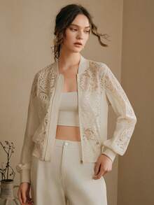 Anewsta 高品质法式复古优雅镂空蕾丝拼接棒球夹克，透视镂空拉链短款外套，通勤休闲百搭小众设计上衣 - 杏色 - 查看 7