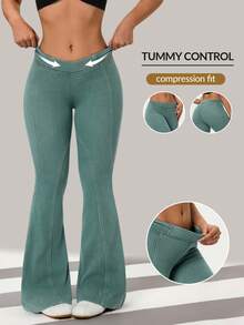 Flexra 女士纯色低腰修身喇叭牛仔裤 - 綠色 - 查看 1