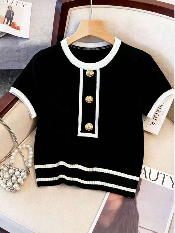 GlowEve 女士休闲日常办公通勤撞色滚边金属纽扣装饰短袖针织上衣