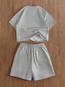 TOKVUE 男士字母印花圆领短袖休闲T恤和抽绳腰短裤套装 - 彩色 - 查看 2