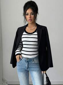 Louniche 时尚休闲荷叶边U领修身条纹设计女式毛衣 - 黑與白 - 查看 6