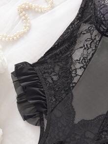 SpicyHot 蕾丝拼接网纱女士性感连体裤（优雅+透视+连体裤+无钢圈） - 黑色 - 查看 6