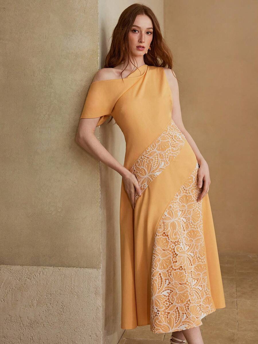 MOTF PREMIUM WOMEN'S LACE PATCHWORK DRESS, ELEGANT FOR DATES, SPRING/SUMMER - Yellow - View 1