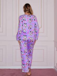 可爱兔子和爱心印花圆领长袖女士睡衣套装 - 彩色 - 查看 2