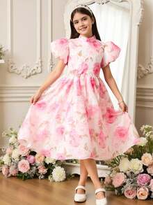 White And Pink Summer Elegant Party Flower Girl Dress For Graduation,Wedding,Digital Printed Floral Pattern,Stand Collar,Puff Sleeves,Oversized Bow - Pink - View 5