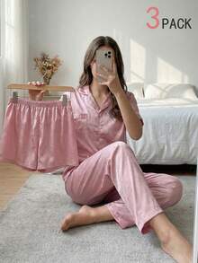 Tween Girls' Pink Bow Print Short Sleeve Top & Bottom Pajama Set - Pink - View 1