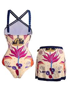 Swim Oasis Women's Summer Vacation Tropical Plant Print Criss-Cross One-Piece Swimsuit With Skirt 2 Pieces Swimwear Beach Outfit - Multicolor - View 2