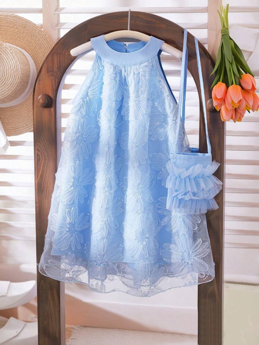 SHEIN Toddler Girls' Embroidered Mesh Flower Girl Wedding Party Princess Dress, Sleeveless Ruffle Halter Neck Dress With Crossbody Bag, Summer - Blue - View 1