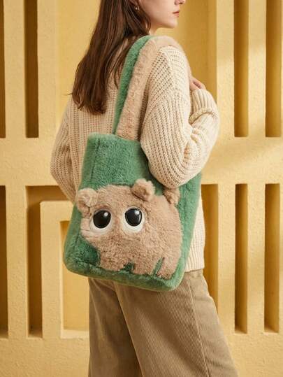 Joivida 可爱猫脸图案毛绒单肩包 女士可爱手提包 情人节礼物 日常使用 多功能女士托特包 休闲时尚配饰