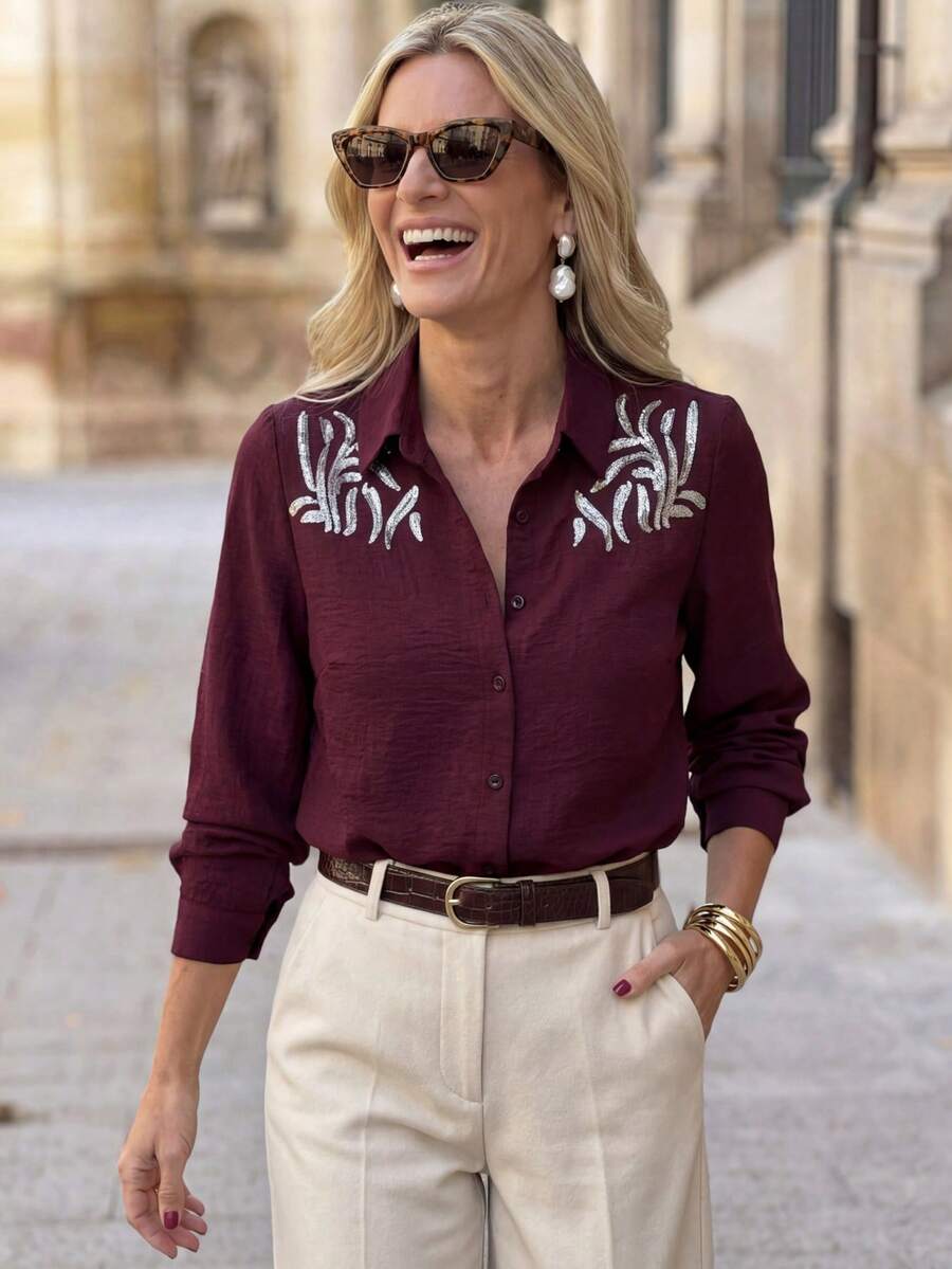 Solivie 女士休闲度假风亮片拼接长袖衬衫，春秋季 - 酒紅色 - 查看 1