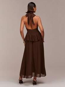 COSMINA Robe longue élégante pour femmes avec col en V sans manches, ourlet à volants, taille cintrée dans un style bohème. Idéale pour les vacances, les sorties, les soirées, les mariages sur la plage, le printemps - Café - Voir 2