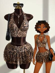 Zestiva 3pcs/Set Leopard Print Halter Top + Triangle Bikini Bottoms + Ruched Drawstring Waist Floral Hem Skirt, Beach Vacation Casual Swimwear - Multicolor - View 1