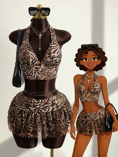 Zestiva 3pcs/Set Leopard Print Halter Top + Triangle Bikini Bottoms + Ruched Drawstring Waist Floral Hem Skirt, Beach Vacation Casual Swimsuit