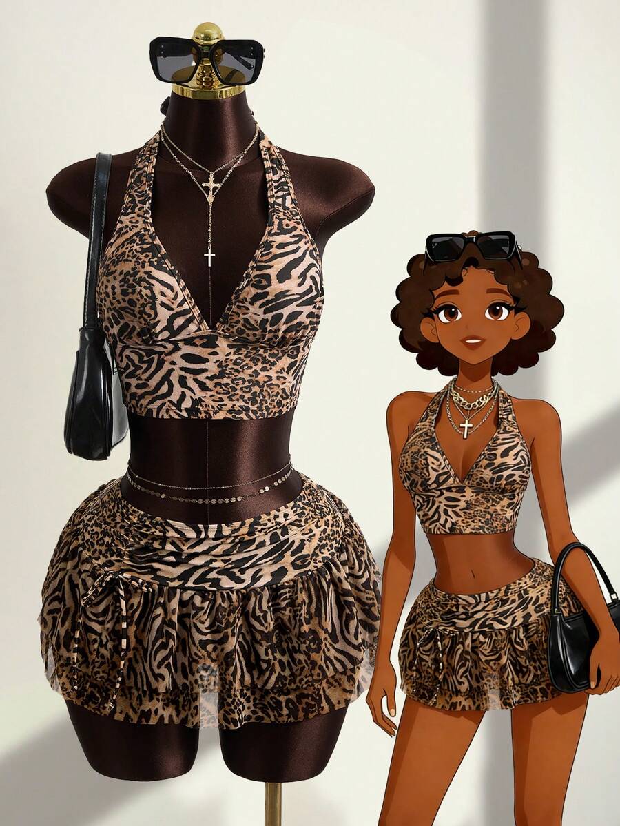 Zestiva 3pcs/Set Leopard Print Halter Top + Triangle Bikini Bottoms + Ruched Drawstring Waist Floral Hem Skirt, Beach Vacation Casual Swimwear - Multicolor - View 1