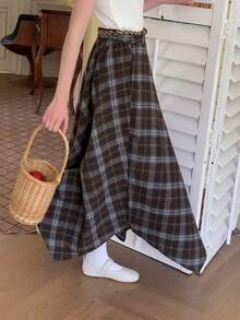 DAZY 少女格子印花不对称下摆休闲裙 - 棕色 - 查看 2