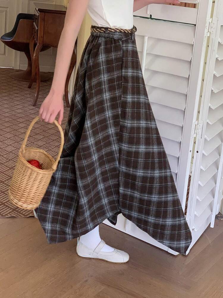 Teen Girl Plaid Print Asymmetric Hem Casual Skirt