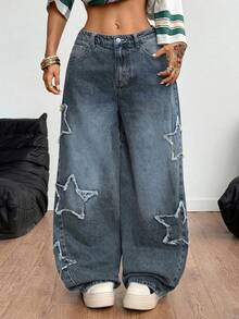 Jeans desgastados con estampado de estrella de estilo atlético y grunge para mujeres - Azul 4 - Ver 4
