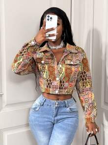 BamGleam Áo khoác ngắn dệt jacquard phong cách retro thường ngày, cổ ve áo, cài một hàng khuy, họa tiết chắp vá, dáng ôm, áo khoác ngoài đa năng phong cách boho dành cho nữ. - Nhiều màu - Xem 5