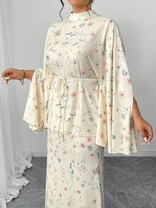 Elenzga Bộ đồ 2 mảnh cỡ lớn dành cho nữ: Áo kiểu dáng rộng rãi cổ tròn dáng chữ A tay cánh dơi họa tiết hoa nhí màu mơ và chân váy đuôi cá cạp chun co giãn kèm thắt lưng, thanh lịch và thời trang cho các bữa tiệc, tiệc trà chiều, đi làm, phù hợp với phong cách Trung Đông và Âu Mỹ. - Nhiều màu - Xem 4