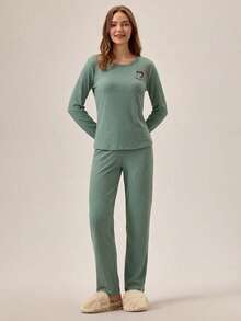 Loomlin 100%Cotton Letter Embroidery Ribbed Knit Lounge Set - Mint Green - View 3