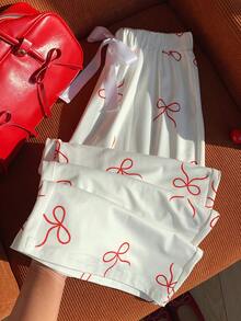 Comfortcana 女士休闲裤，蝴蝶结印花和蝴蝶结装饰，夏季女装 - 白色 - 查看 6