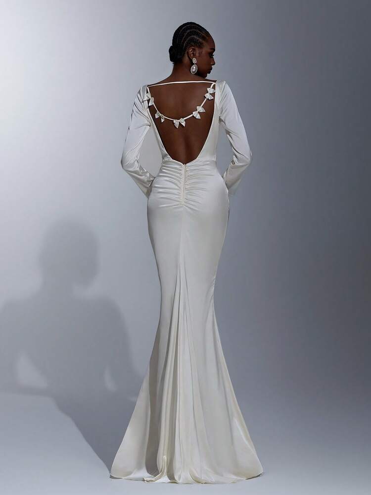 Elitara Elegant Minimalist Cream Satin Long Sleeve Pleated Front, Sexy Open Back Ruffle Trim Mermaid Hem Formal Gown, Evening Dress, Party Dress - Apricot - View 1