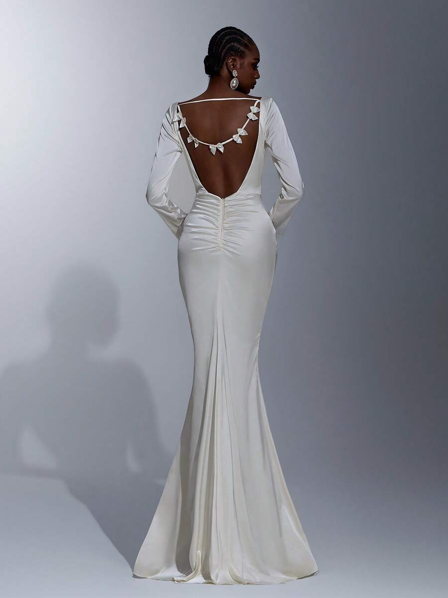 Elitara Elegant Minimalist Cream Satin Long Sleeve Pleated Front, Sexy Open Back Ruffle Trim Mermaid Hem Formal Gown, Evening Dress, Party Dress - Apricot - View 1