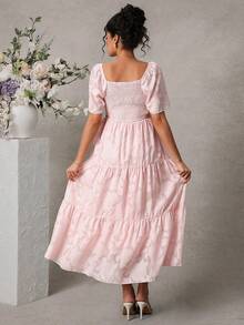 Momance Elegant Textured Square Neck Ruffle Hem Maternity Dress, Summer - Pink - View 2