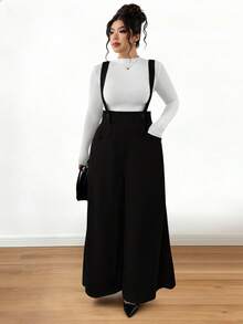 Elenzga Plus Size Knitted Textured Fabric Double-Breasted Pants With Real Pockets, High Waist Flared Leg Jumpsuit, Elegant For Outings, Dates, Parties, Versatile Casual Commute Bib Pants - Black - View 7