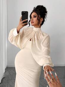 Elenzga 情人节加大码女士优雅圆领网纱拼接珍珠装饰长袖连衣裙，春夏新款时尚吊带裙配披肩 - 杏色 - 查看 6