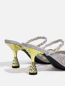 CUCCOO TILAWA 女士网面镶钻尖头细高跟凉鞋，优雅时尚夏季正式场合鞋履，性感细高跟设计，透气高跟，露后跟，适合夜间外出、派对等场合。 - 銀色 - 查看 4