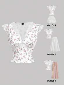 SHEIN MOD Áo nữ cổ chữ V phối ren in hoa, thích hợp mùa hè, lễ tình nhân, dự tiệc, đi biển, nghỉ lễ, tiệc trà, áo thường ngày cho nữ, áo hoa, sinh nhật, lễ hội, đi chơi, dễ thương, lãng mạn, phong cách cổ điển, thanh lịch. - trắng - Xem 2