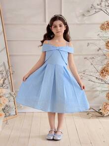 Glamorique Kids Young Girl (Small) Summer Sleeveless Blue Jacquard Princess Dress - Blue - View 1