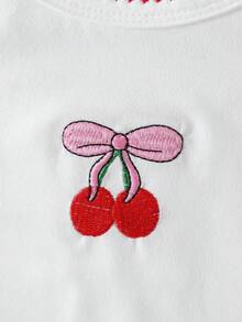 2pcs Girls Toddler Vest Set,Summer Back-To-School White Vest With Cherry Blossom Embroidery&Flutter Sleeves,Mid-Blue Denim Skirt,Soft Cute School Wear - Blue and White - View 4