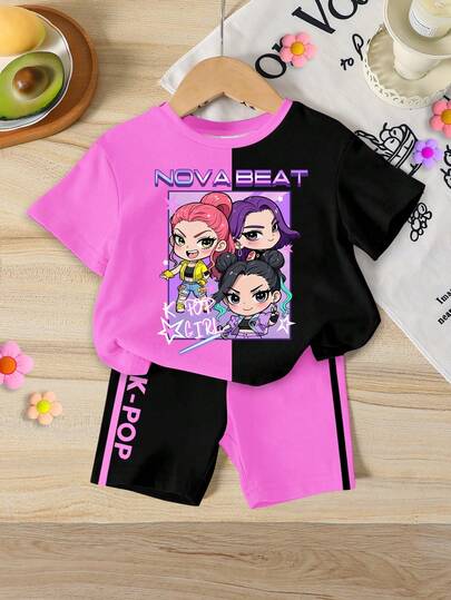 2 st unga flickor casual mode K-POP tecknad tjejmönster fuchsia och svart kontrastfärg kortärmad rund hals t-shirt och matchande shorts set, bekväm t-shirt outfit för unga flickor vardags- och helgkläder