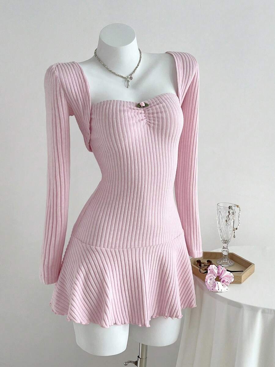 SHEIN Tall Bộ 2 món gồm áo dài tay và váy ngắn xếp ly eo bằng vải gân mềm mại dành cho nữ, trang phục ngoài trời thời trang cho các dịp xuân/hè. - Hồng - Xem 1