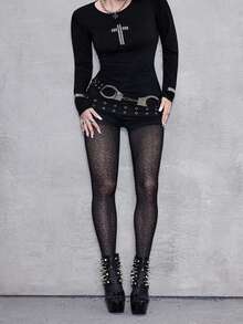 ROMWE Avant Y2K Punk Cross Rivet Design Fitted Long Sleeve Solid Color Versatile Women T-Shirt, Plus Size - Black - View 7