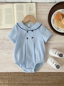 SHEIN Unisex Newborn Baby Boy/Girl Cute British Style Blue&White Striped Peter Pan Collar Short Sleeve Romper,Bodysuit,Spring/Summer Boy Summer Clothes - Blue - View 7