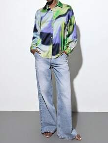 Maija 女士时尚百搭扎染印花缎面单排扣翻领长袖衬衫，春季 - 彩色 - 查看 1